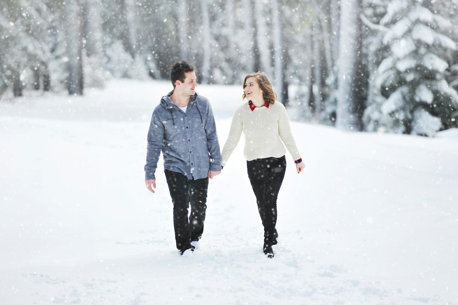 Couple walking together through snow among bare trees