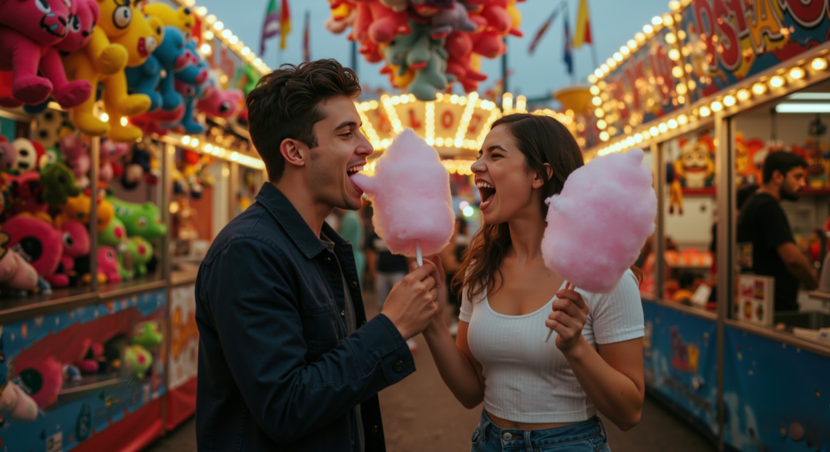 Couple sharing cotton candy at an autumn evening fairground